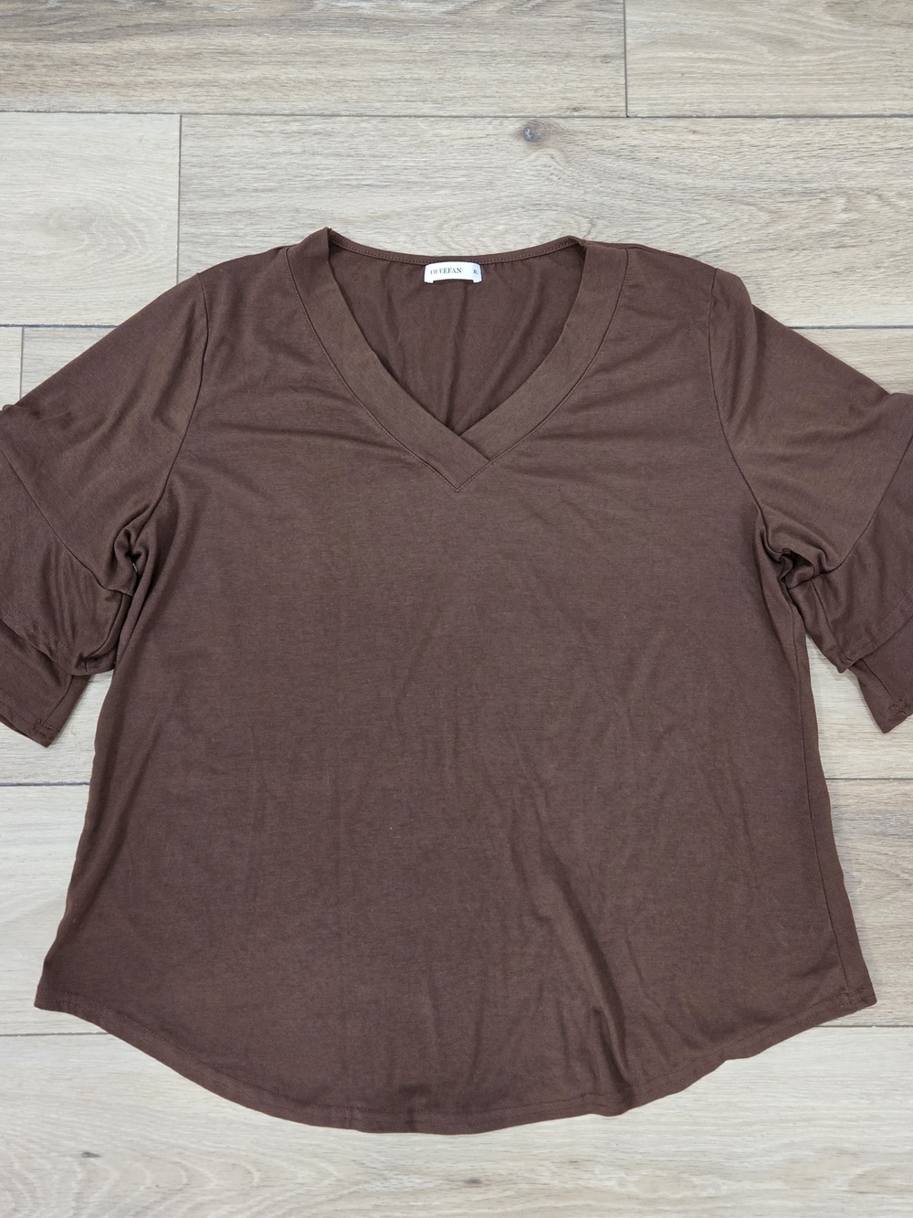 Ofeefan Womens Brown V-Neck Short Sleeve Top Flutter Sleeves Sz XL V Neck